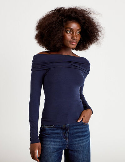 T-shirt col bardot manches longues bleu marine femme