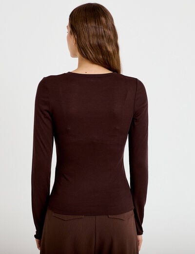 T-shirt ajust&eacute; col rond manches longues marron fonc&eacute; femme