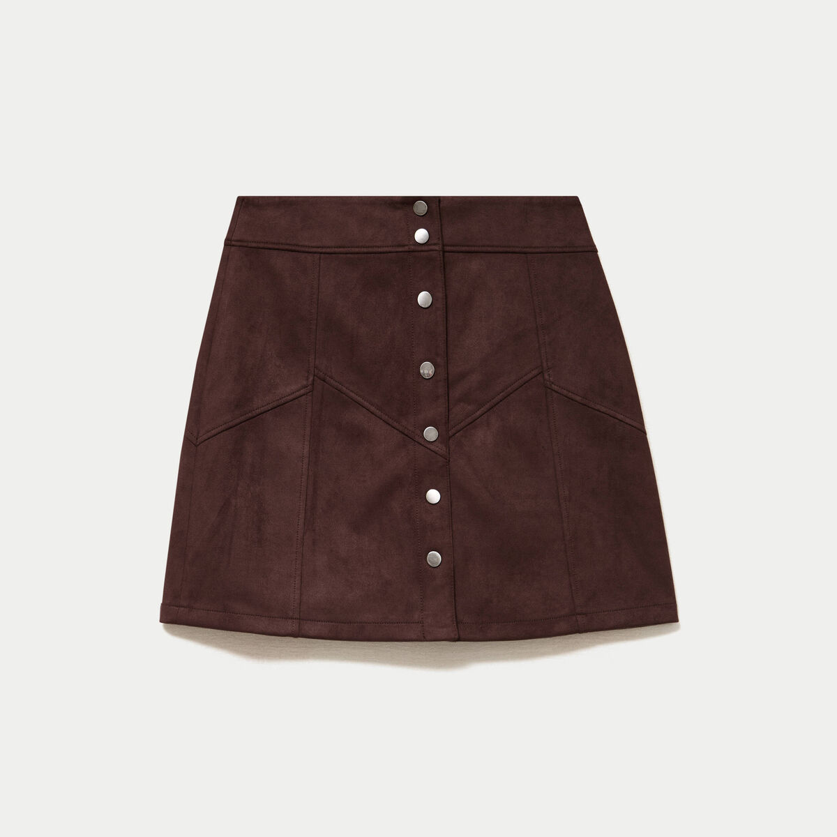Jupe trap&egrave;ze courte aspect daim marron fonc&eacute; femme