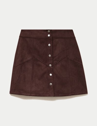 Jupe trap&egrave;ze courte aspect daim marron fonc&eacute; femme