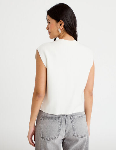 Gilet sans manches brod&eacute; col rond ecru femme