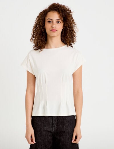 T-shirt cintr&eacute; col rond manches courtes ecru femme