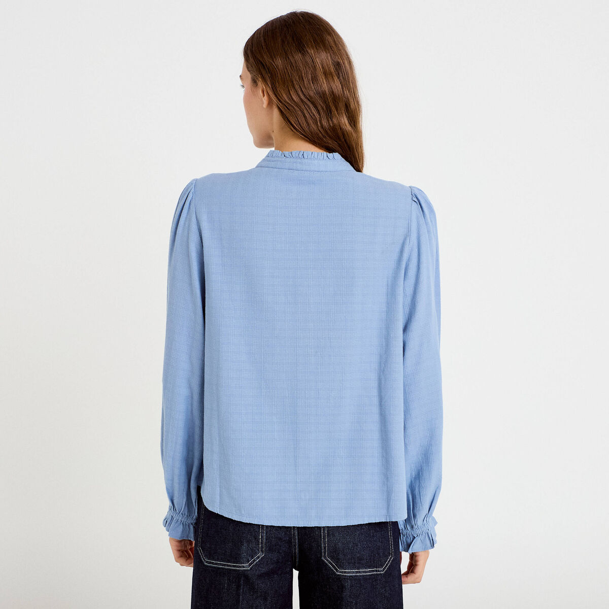 Blouse droite courte broderie bleu femme