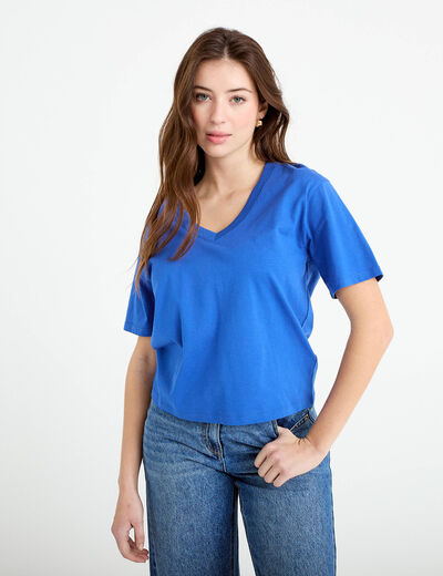 T-shirt col v manches courtes bleu electrique femme