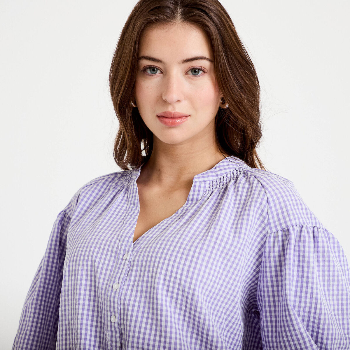 Blouse vichy brod&eacute;e violet femme