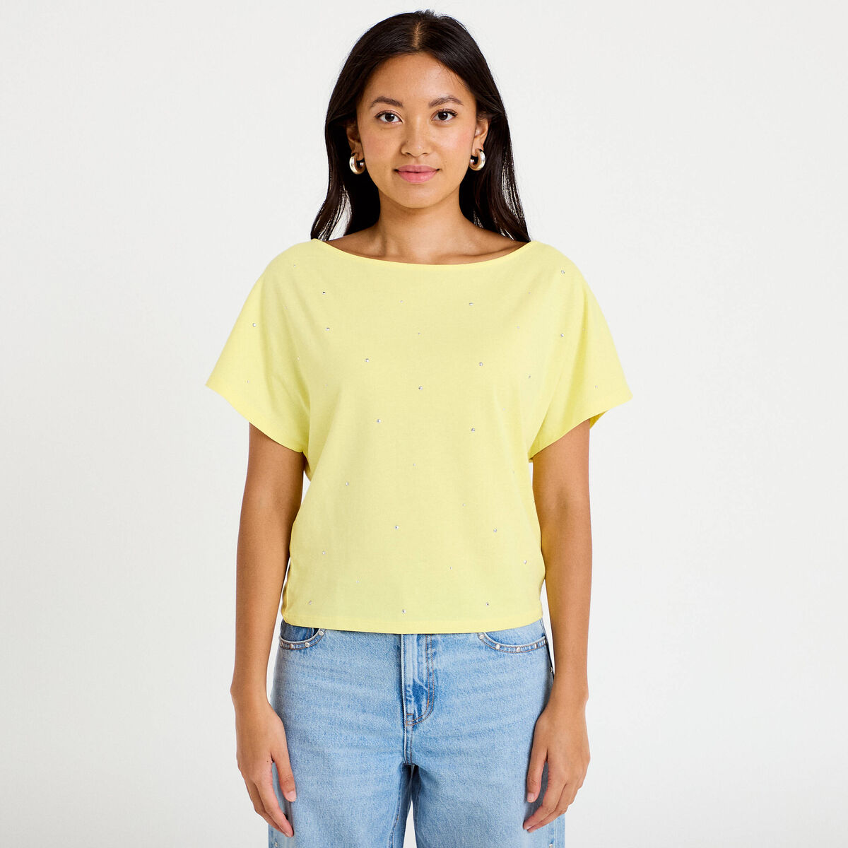 T-shirt col bateau manches courtes jaune citron femme