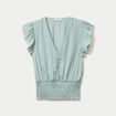 Blouse cintr&eacute;e col v manches courtes vert pastel femme