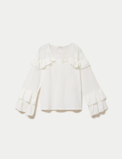 Blouse col v manches longues dentelle ecru femme