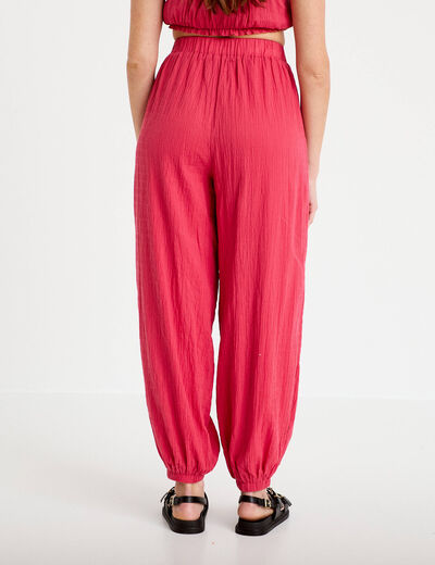 Pantalon large taille haute pliss&eacute; rose framboise femme