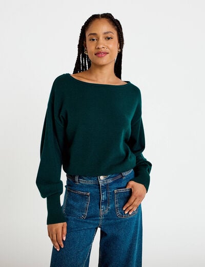 Pull oversize col bateau manches longues vert fonc&eacute; femme