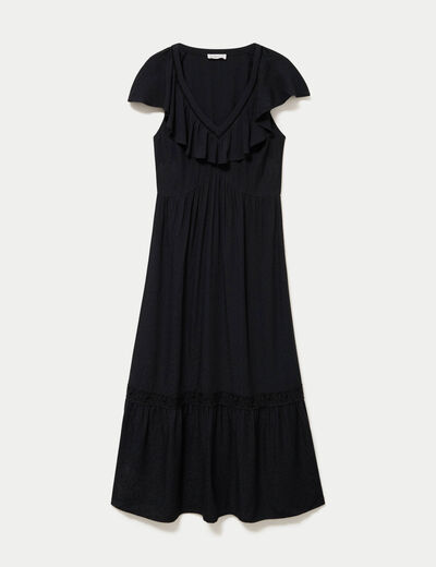 Robe longue &eacute;vas&eacute;e col v manches courtes noir femme