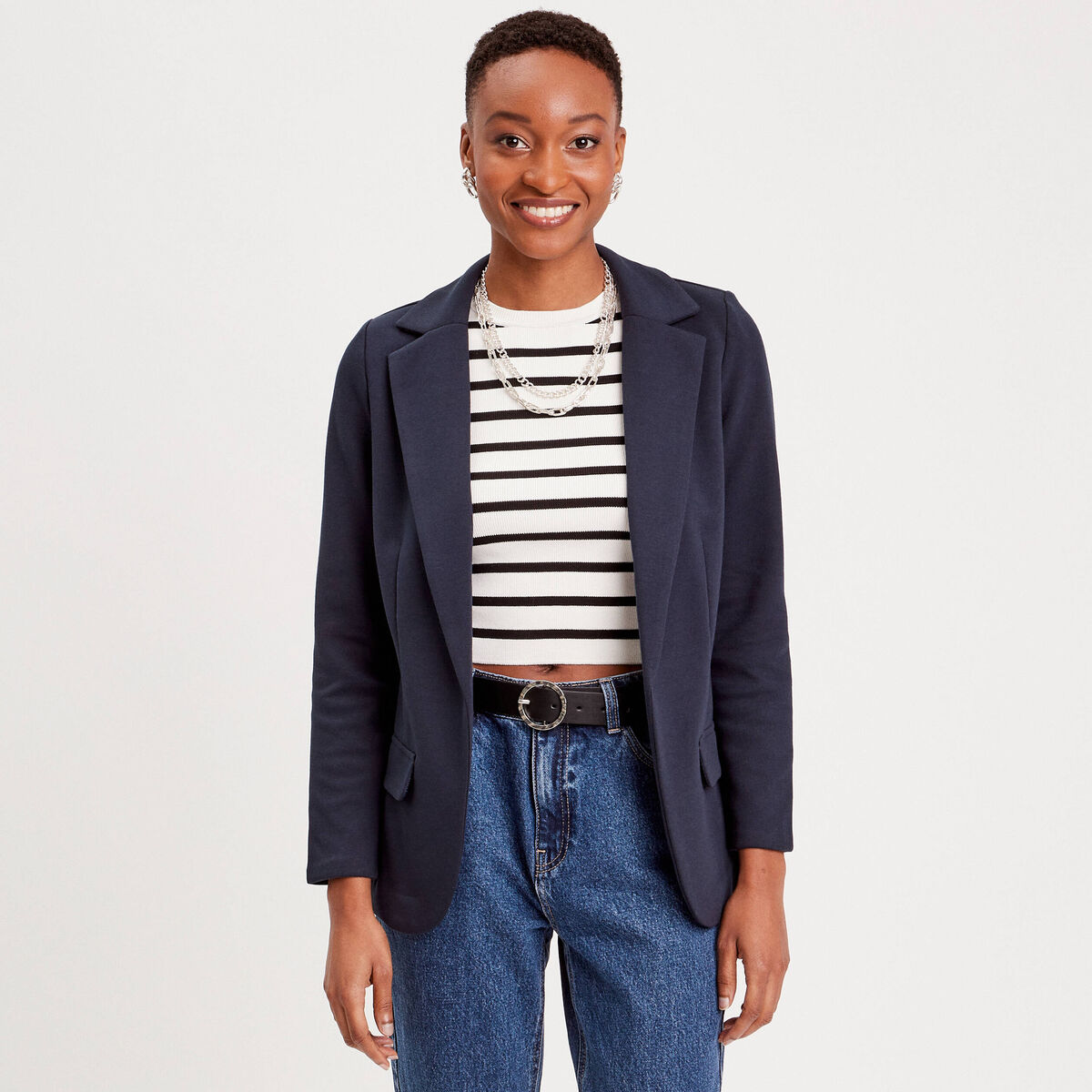 Veste blazer cintr&eacute;e bleu marine femme