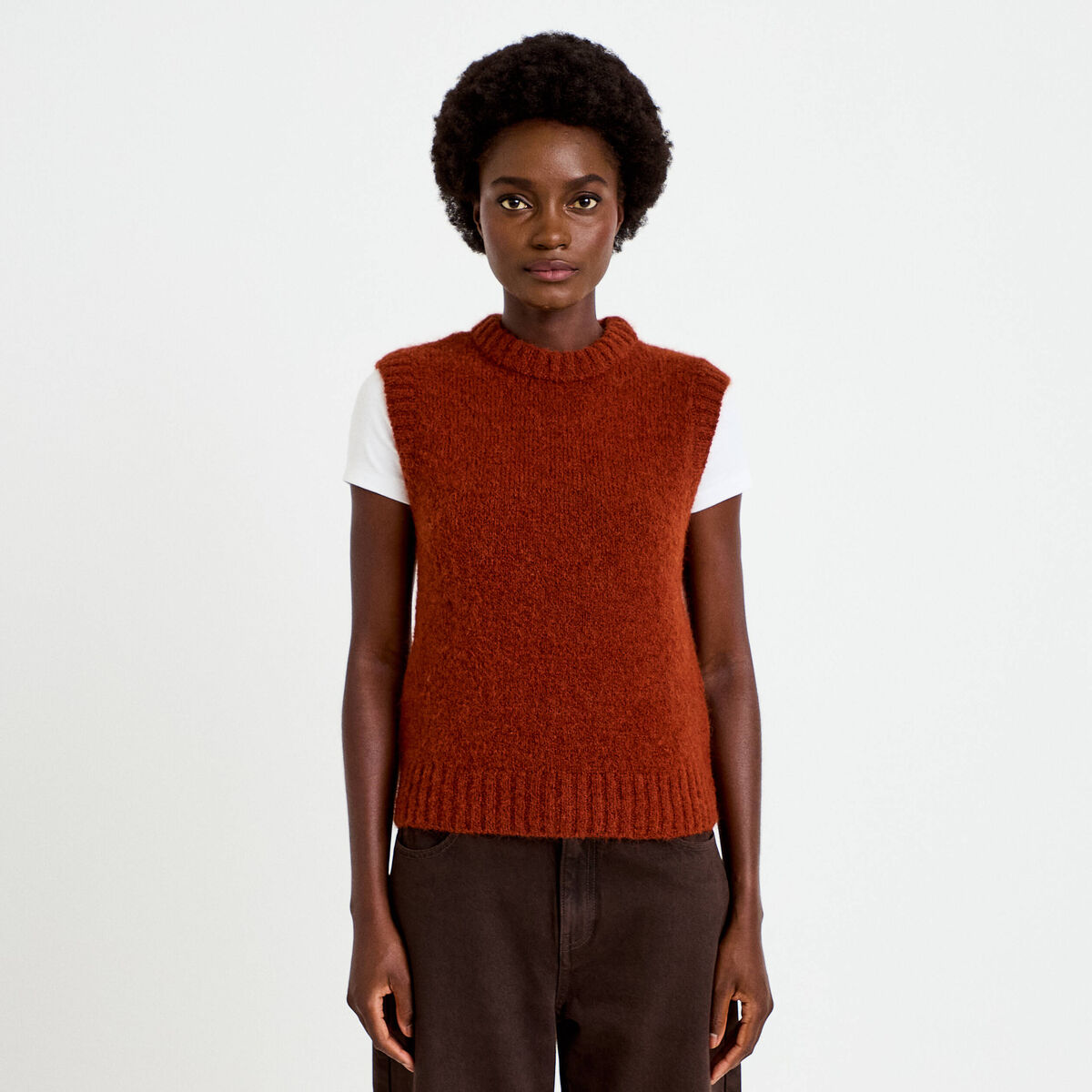 Pull sans manches marron cognac femme