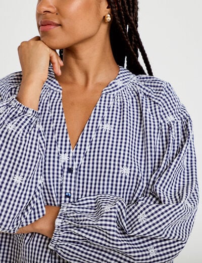 Blouse vichy brod&eacute;e bleu femme