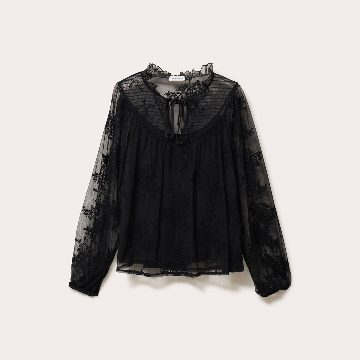 Blouse dentelle manches longues noir femme