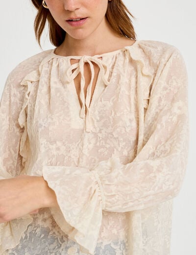 Blouse droite manches longues col rond ecru femme