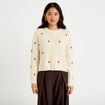 Gilet manches longues broderies col rond beige femme