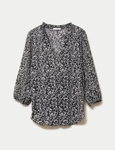 Blouse col v manches 3/4 noir femme