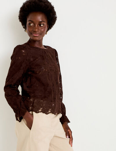 Blouse droite col v en dentelle marron fonc&eacute; femme