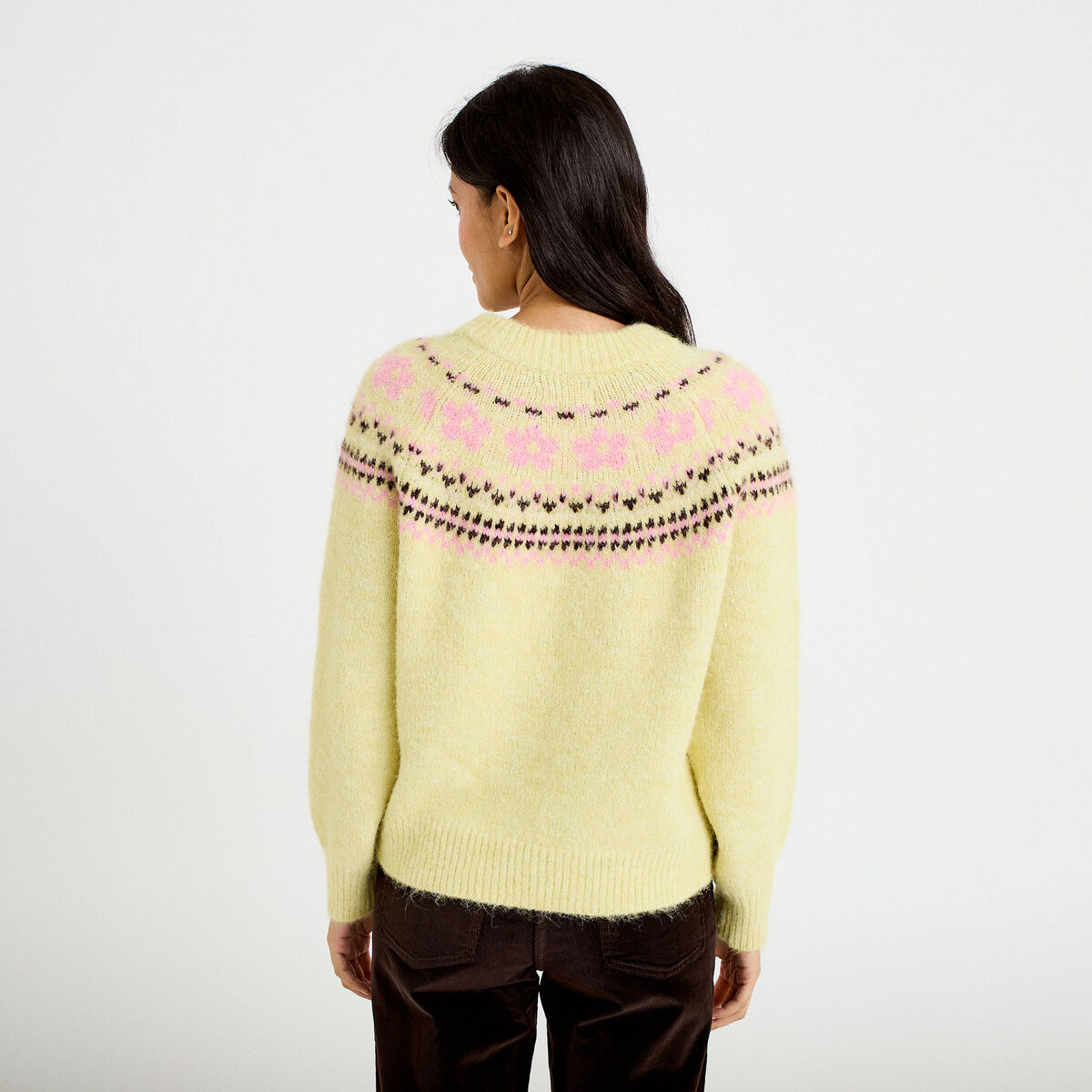 Pull col rond manches longues jaune clair femme
