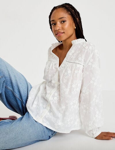 Blouse droite col rond manches longues ecru femme
