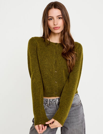 Gilet boutonn&eacute; manches longues vert olive femme