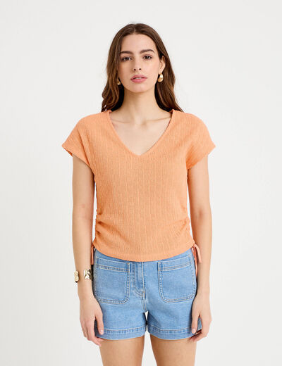 T-shirt ajour&eacute; d&eacute;tails cordons rose saumon femme