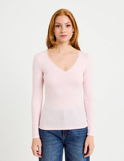 T-shirt thermique col en V plumetis rose clair femme