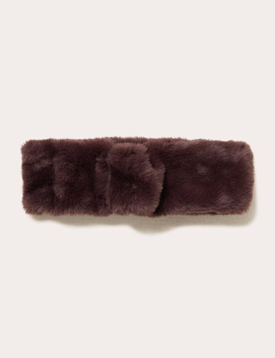 Set bandeau et gants fausse fourrure marron fonc&eacute; femme