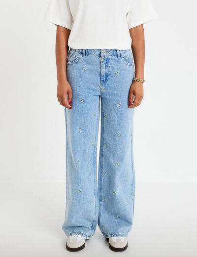Jean wide leg broderie taille haute bleu femme