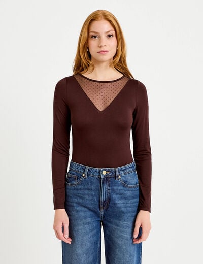 Body thermique col rond manches longues marron fonc&eacute; femme