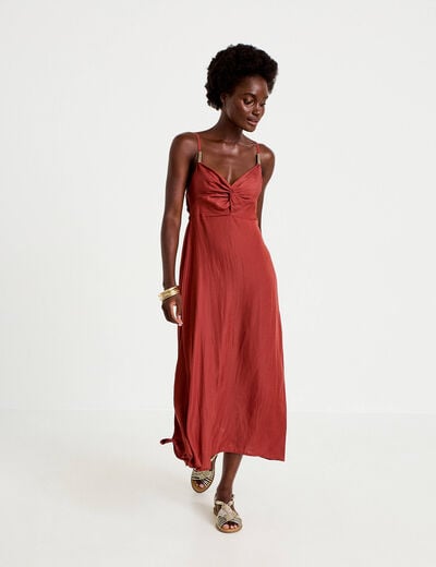 Robe longue &eacute;vas&eacute;e col v satin&eacute;e vieux rose femme