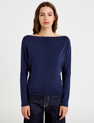 T-shirt col bateau manches longues bleu marine femme