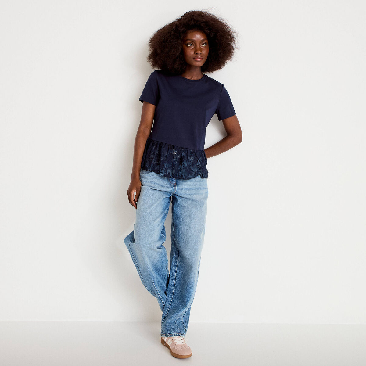 T-shirt manches courtes en dentelle bleu marine femme