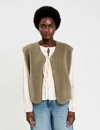 Gilet sans manches effet polaire vert kaki femme