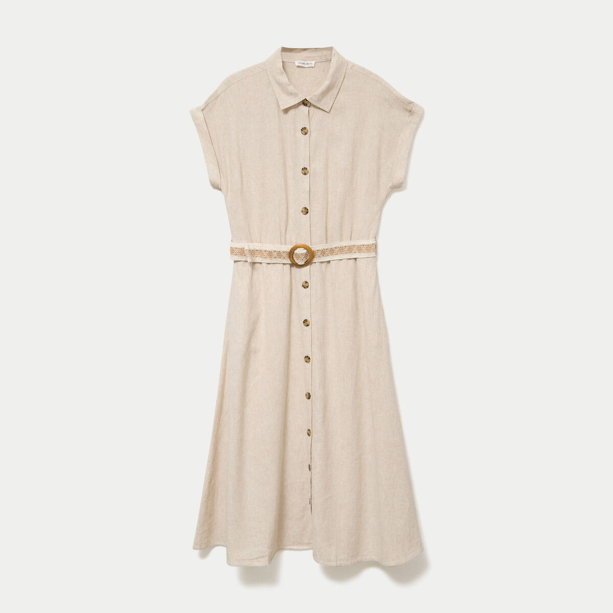 Robe &eacute;vas&eacute;e 3/4 col chemise ceinture beige femme