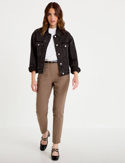 Pantalon cigarette ceintur&eacute; taupe femme