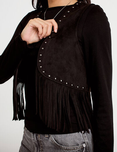 Gilet droit sans manches aspect daim noir femme
