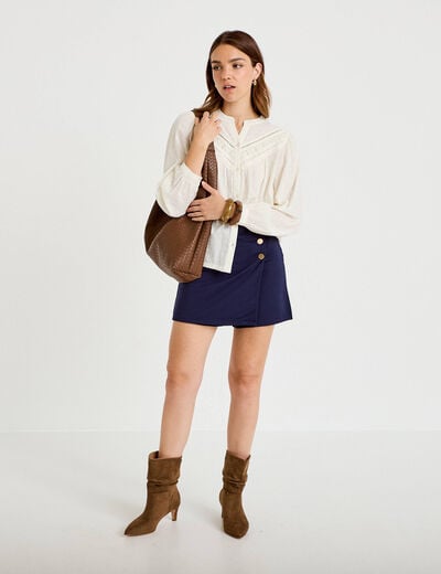 Jupe-short trap&egrave;ze en maille bleu marine femme