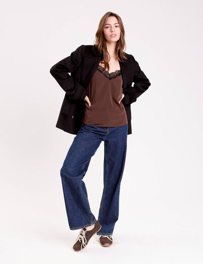 Top ajust&eacute; col v fines bretelles marron fonc&eacute; femme