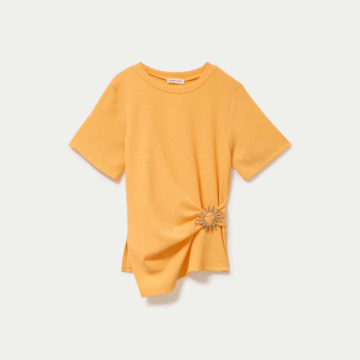T-shirt cintr&eacute; col rond manches courtes orange clair femme