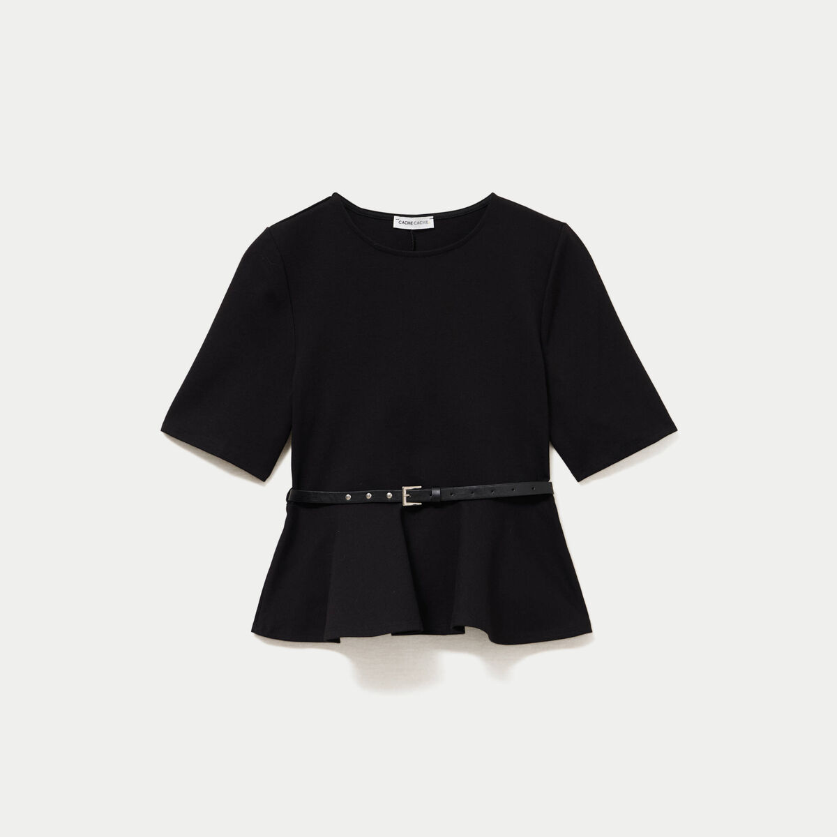 Top p&eacute;plum ceintur&eacute; manches courtes noir femme