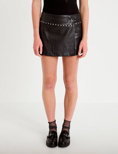 Jupe-short mini enduite d&eacute;tails clout&eacute;s noir femme