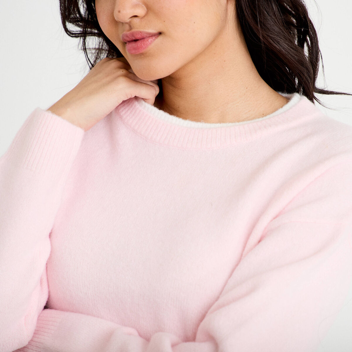 Pull col rond manches longues rose clair femme