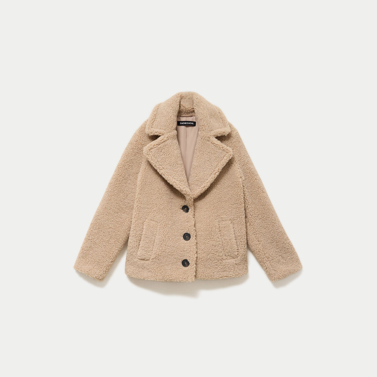 Manteau droit bouclettes col tailleur beige femme