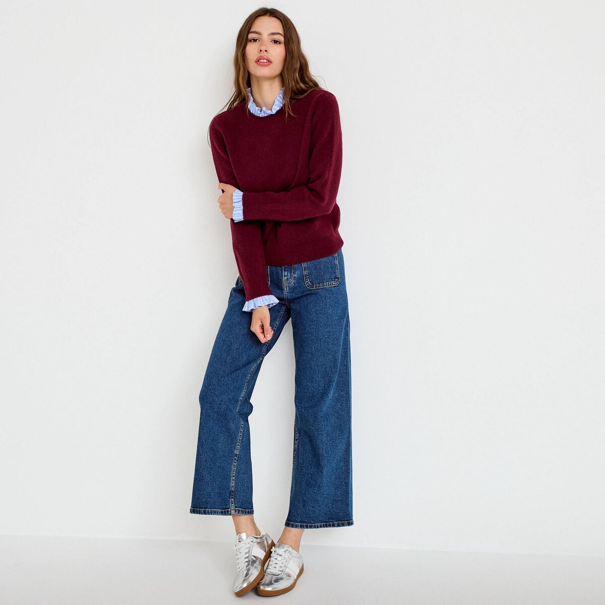 Pull col chemise manches longues bordeaux femme