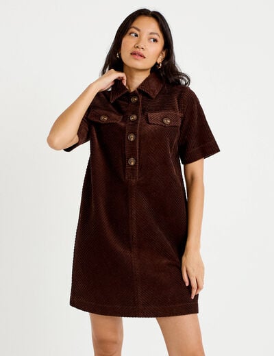 Robe courte droite en velours coton marron fonc&eacute; femme