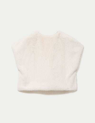 Kimono sans manches fausse fourrure ecru femme