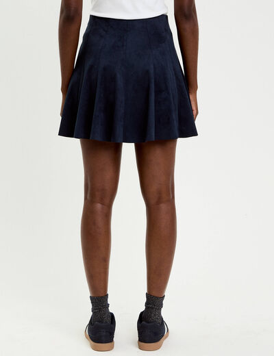 Jupe courte &eacute;vas&eacute;e aspect daim bleu marine femme