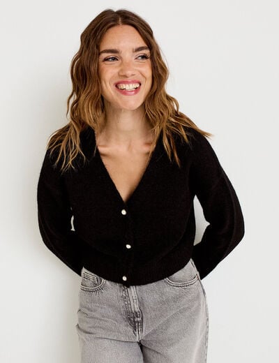 Gilet court ajust&eacute; col v manches longues noir femme